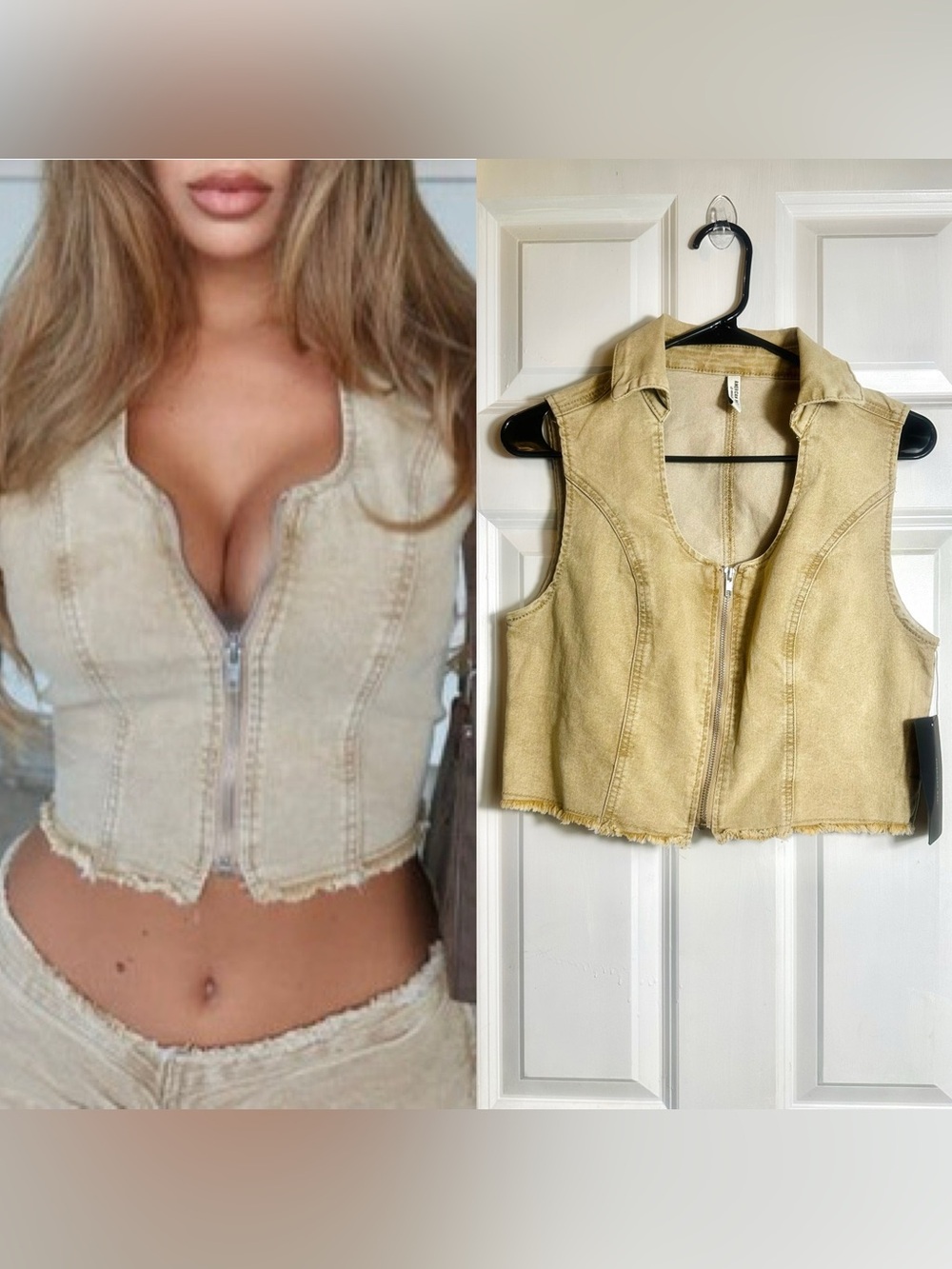 American Bazi Frayed Hem Zip-Front Crop Top in Light Beige